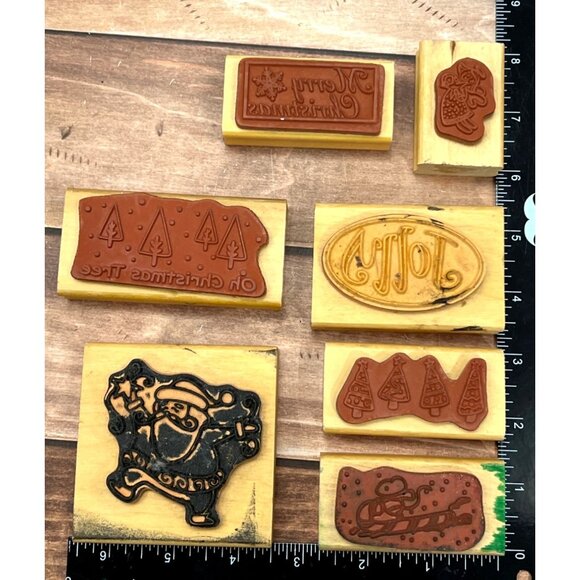 UNBRANDED LOT OF 7 HOLIDAY THEMED WOOD MOUNT RUBBER STAMPS SANTA CHRISTMAS TREE - Picture 2 of 4
